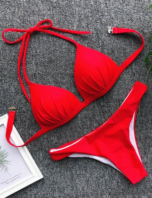 Jednobarevné červené dámské dvoudílné plavky
